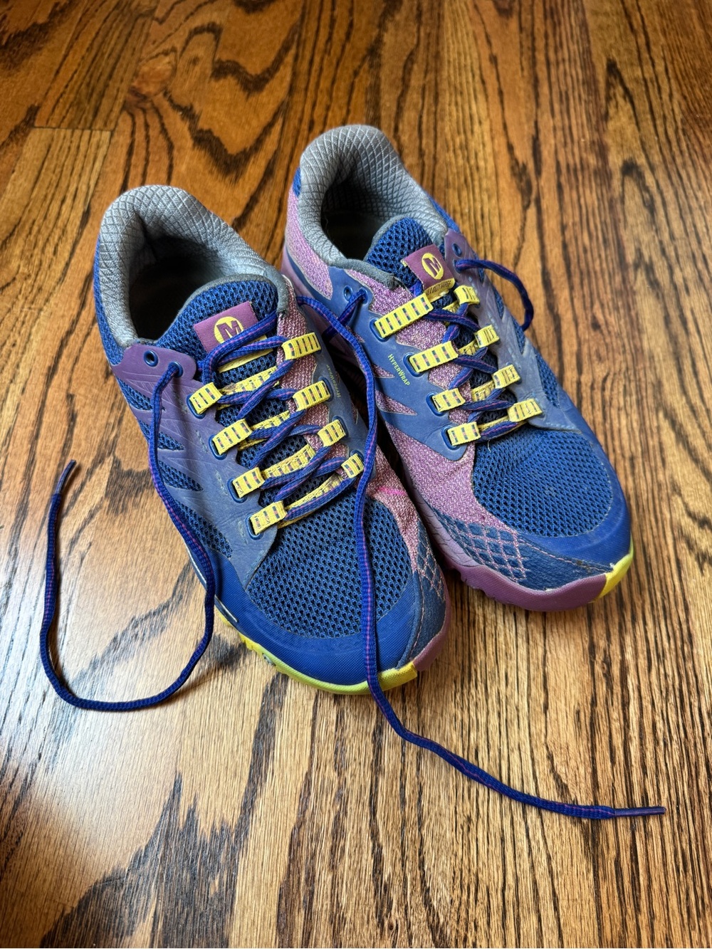 Merrell All Out Charge Women's Blue and Pink Athletic Shoes with Yellow Accents